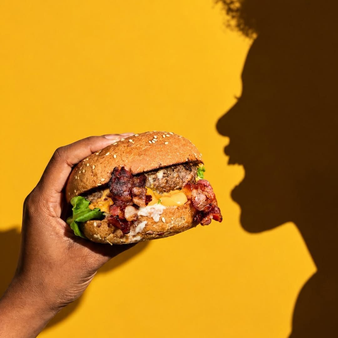 Silhouette croquant dans un burger au bacon sur fond jaune